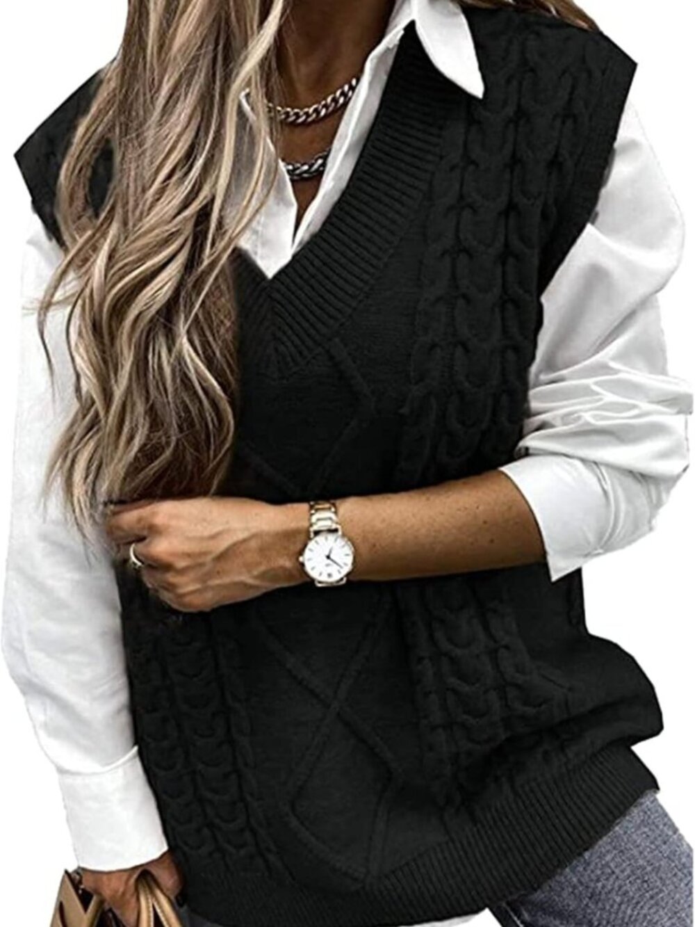 Cozy Loose Knitted Sleeveless Sweater Vest, V Neck Long Pullover Top S~XL
